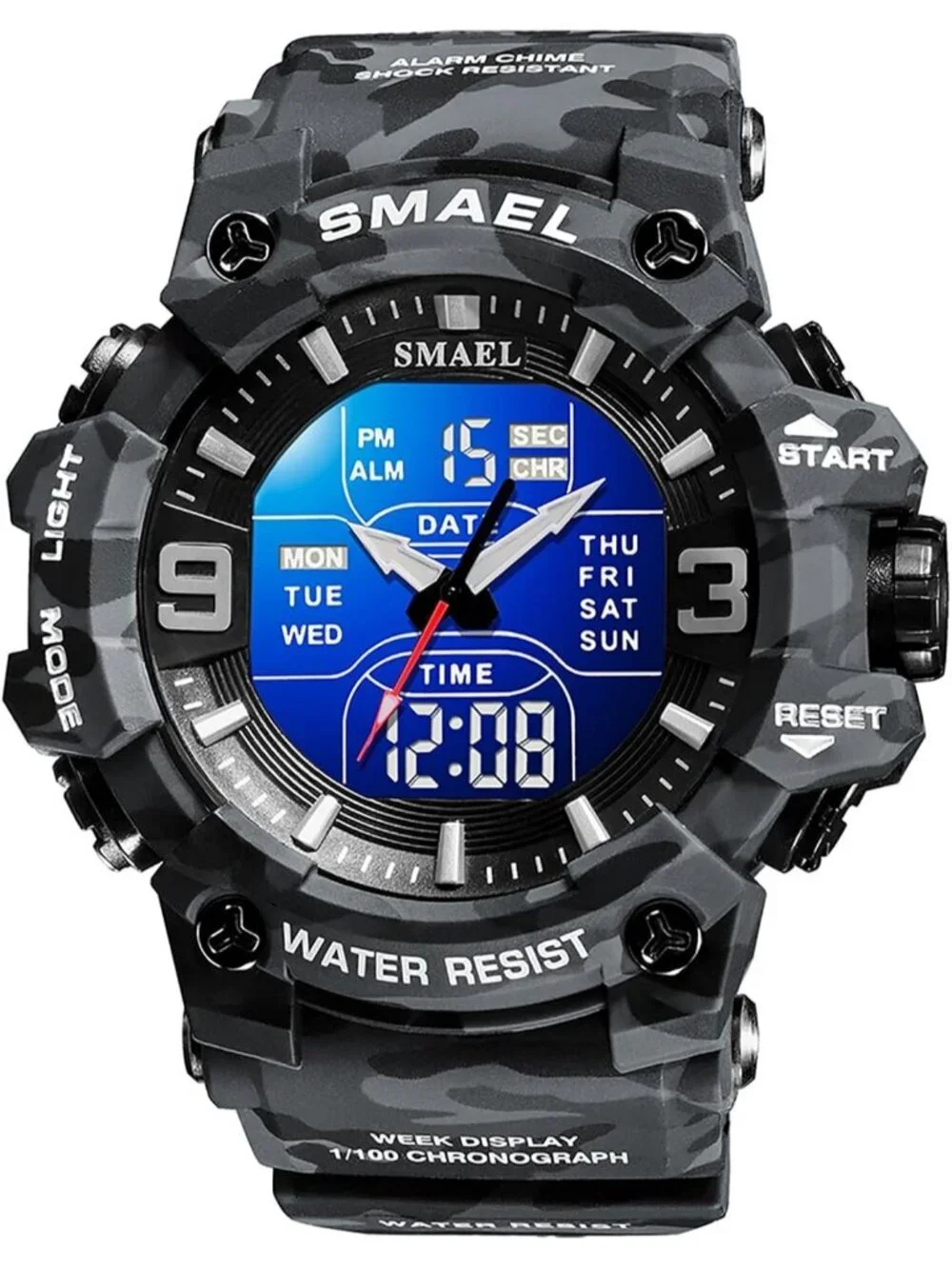 Men's Camouflage Gray Analog Luminous Waterproof LED Electronic Digital Watch